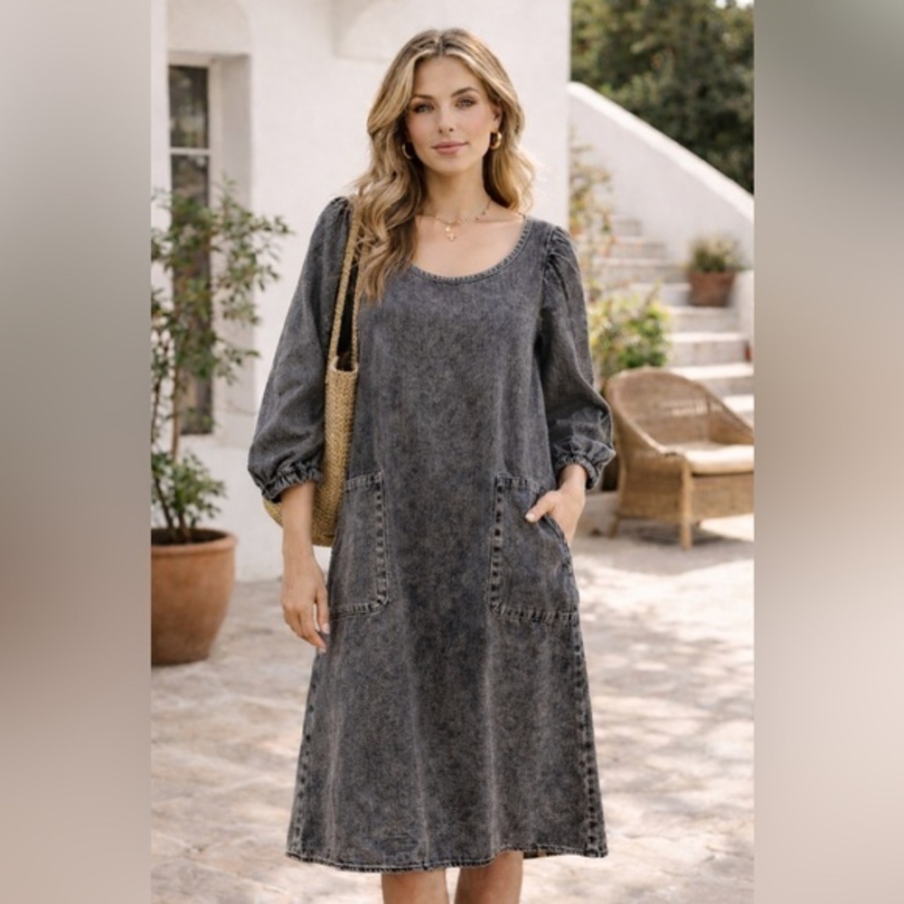 Lollys Laundry Copenhagen Washed Denim  Gray Scandi Scoop Neck Midi Dress Size L